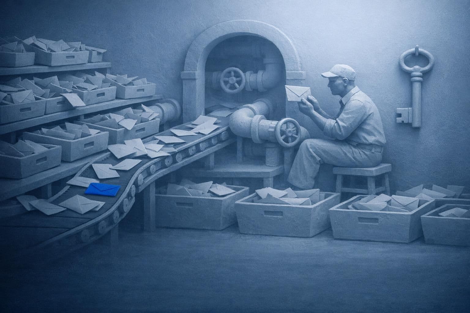 Dim mailroom in blue fog: rows of inbox trays, a conveyor of envelopes through arches; a worker inspects one while a large key hangs unused on the wall.
